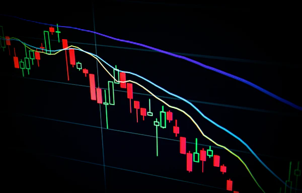 Red and green candlestick chart with descending moving average lines on a black screen