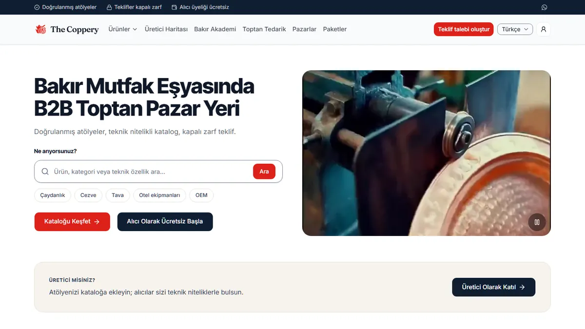 thecoppery.com ana sayfası: B2B toptan pazar yeri başlığı, ürün arama kutusu ve bakır işleme videosu